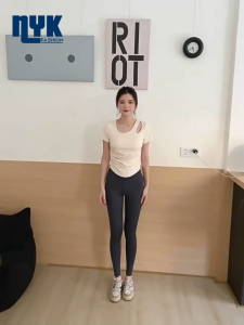 NYK Women Short Sleeve Sports Top Bra Fixed Chest Pad Comfort Slim Fit Yoga Tops Running Unique shoulder cutout Activewear