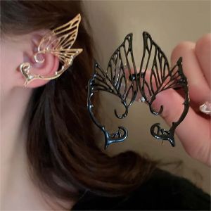 1 Pair Metal Liquid Butterfly Wing Ear Clip for Women Punk Silver Color Hollow Elf No Piercing Ear Cuff Wedding Jewelry Gifts Korean Style