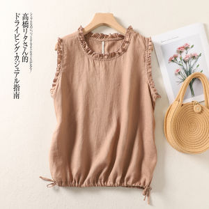 Pure Color Hemp Wooden Ear Edge Sleeveless Loose Fit Slimming Drawstring Vest for Women Summer New Arrival Base Shirt for Outerwear