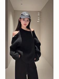 Áo Len Dệt Kim Hở Vai Màu Đen Cho Nữ Mùa Thu Đông Dáng Rộng Thoải Mái Mặc Trong Lớp Lót Áo Dài Tay Dài Thường