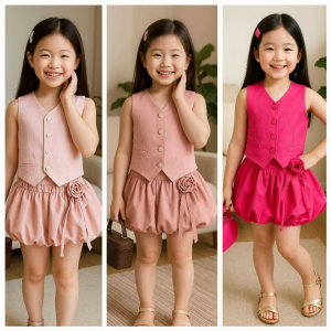 VIVIANNew Hot Trend Best Seller Vneck Chaleco Vest and Bubble Skort/Skirt Terno Set for Girl Kids   - ages from 4 to 16 ages - classy and elegant - timeless classic  - timeless piece - casual office or party - classic piece - super kapal ng tela - hind