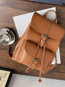 Fashionable Pure Color PU Leather Drawstring Bucket Bag Large Capacity Backpack Retro Trend Womens Shoulder Bag Casual Style