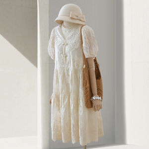 Elegant French Lady Style Embroidered Dress Womens Summer Midi Dress V-neck Bubble Sleeve Ivory Heavy-duty Beading 4U4U