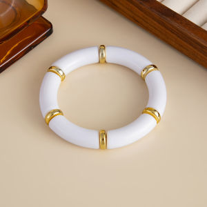 KunJoe 10 Colors Vintage Stackable Acrylic Bracelets for Women Bohemian Round Tube Beaded Bracelet Leopard Resin Elastic Bangle