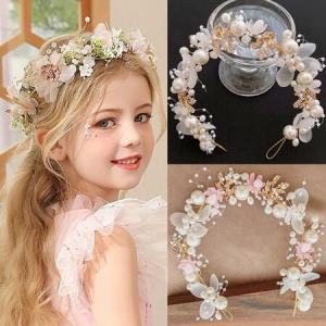 🔥C.three New Bridal Flower Faux Pearl Crystal Hand woven Golden Leaves Wedding Headband Hair Band Childrens Hair Accessories