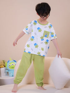 Pure Cotton Summer Short Sleeve round Neck Sleepwear Set for Boys Breathable Moisture Wicking Home Clothes Thin And Wearable