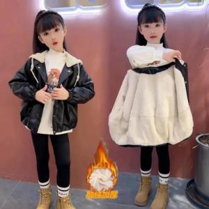 Girls Fleece Lined Leather Jacket Thickened Autumn Winter Children Clothes Casual Style Removeable Cap Kids Fashion Outerwear
