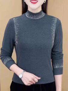Fashionable Diamond Embellished Long Sleeve Base Shirt: A Stylish Anti-Aging Top for Autumn & Winter