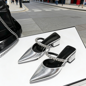 High-End Silver Rhinestone Strap Mule Sandals for Women New Arrival Elegant Pointed Toe Block Heel Slides Party Dress Shoes