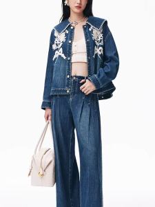 Nail Bead & Floral Embroidery Denim Jacket