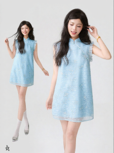 KEIKO | Gentle Embossed Floral Cheongsam Dress Summer Intellectual Sweet Style Sleeveless Short Dress