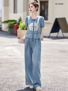 New Chinese Style Denim Set for Women Summer 2025 Embroidered Fashion Hanfu Two-Piece Suit Cotton Polyester Blend Long Pants Short Sleeve