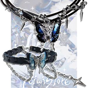 Heavy Relief Butterfly Leather Necklace Sweet Cool Style Punk Dark Subculture Trendy Necklace for Women Alloy Pendant Fresh out