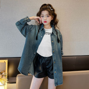 Girls Spring Autumn Denim Shirt Stand Collar Trendy Fashionable Jacket for Medium And Large Children Korean Style Single Button