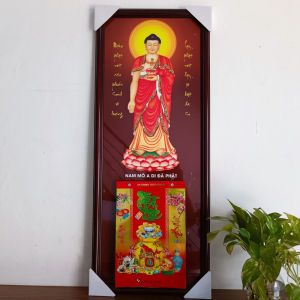 Lịch treo tường 2027 phật A Di Đà kích thước 35 x 85cm tặng bloc lịch siêu bự 20 x 30cm có khung gỗ sang trọng