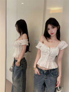 GUZILIAN | Off-shoulder Short-sleeved Ruffle Waist Puff-sleeve Lace Teeshirt