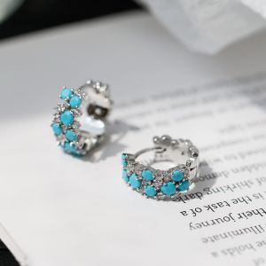 KUZH | Earrings Luxury French Style Blue Turquoise & Zircon Inlaid Silver