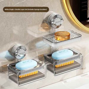 Suction Soap Box Wall Mounted No Drilling Bathroom Double Layer Soap Holder Drainage Rack Nordic Style Pure Color for Everyone