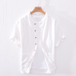 Summer Linen Casual Short Sleeve Shirt Mens Cotton-Linen Breathable Basic Solid Color Stand Collar Large Size Loose Linen Shirt
