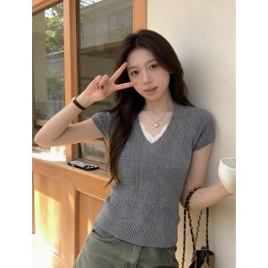 HUOLISI | Gray Lace V-Neck Design Top Slim Fit