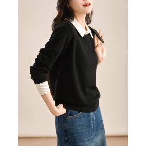 French Simple Wool Knitted Collar Top Womens Spring Autumn Fake Two-Piece Layering Long Sleeve Commute Style Regular Length