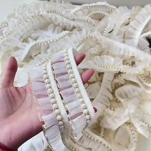 Vải Ren Lưới Trắng 1 Thước Xếp Ly Đính Ngọc Trai Viền Tua Rua Đính Hạt Lấp Lánh Dùng Làm Viền Cổ Áo Ruy Băng Trang Trí Váy Cưới Phụ Kiện Trang Trí.