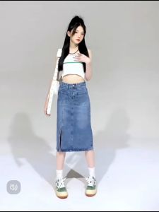 Blue slit denim skirt for women irregular midi skirt Korean style high waist with pockets ins