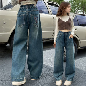 Girls jeans back pocket love  wide-leg pants 2025 spring and autumn slimming straight pants suitable for 5-15 years old pants