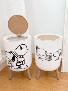 Cute Japanese Style Wooden Look Trash Can Press Top Lid Floor Standing Waste Paper Basket Dog Shape Home Use Garbage Bin