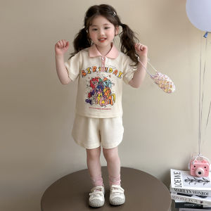 Summer Polo Shirt Set for Girls 2025 New Style Small Pony Princess Short Sleeve Shorts Two-Piece Cartoon Print Cotton Suit