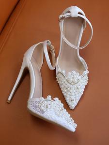 Pearl สีขาว ตาข่าย รองเท้าแตะ สายคล้อง รองเท้าส้นสูงบาง Stiletto 13 ซม.สําหรับเจ้าสาวงานแต่งงานชุดจัดเลี้ยงรองเท้าขนาด ลูกไม้
