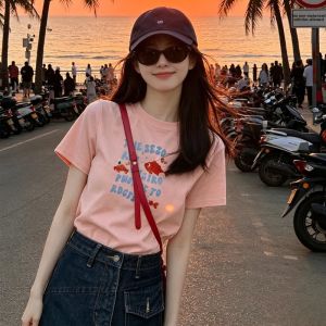 CHOEFULYN | Dopamine Fish Print Pink T-Shirt Women 2026 Summer New