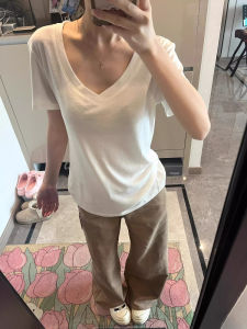 Slim Fit V-Neck T-Shirt Womens Versatile Solid Color Half Sleeve Slimming Lazy Shoulder Summer White Short Sleeve Top