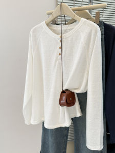 Loose Long Sleeve round Neck T-Shirt Womens Spring Autumn Korean Style Inner Wear Outer Wear Base Shirt Top Button Design