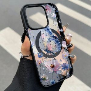 Blue Butterfly Flower Acrylic Magnetic Phone Case For iPhone 17 17 Pro Max 16 15 13 12 11 14 Air Transparent Frosted Cover Funda
