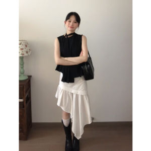 Japanese Style Stylish Niche Style Vintage Skirt Womens Asymmetrical Hem Casual Fashionable White Hollow-out Stitching Skirt