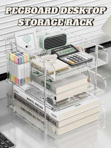 Clear Pegboard Desktop Organizer Rack/Acrylic A4 File Tray Storage Box for Office & Study Use