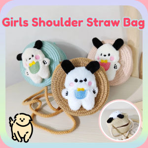 Girls Shoulder Straw Bag Hand-Woven Women Rattan Sling Bag Cute Dog Crossbody Girl’s Gift