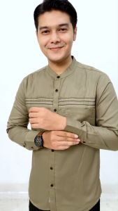 Kemeja Koko Kasual Faithman Motif Stripe Rantai Lengan Panjang Katun Twill