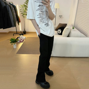 ผ้ายีนส์สไตล์อเมริกันสูงออนซ์กางเกงยีนส์ผ้ายีนส์ขาม้าสีฟ้าอ่อนแนววินเทจใส่แล้วดูผอมเพรียวสำหรับผู้ชาย