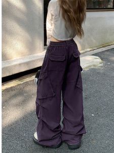 Cool Girl American Retro Purple Denim Work Pants Loose Wide Leg Straight Casual Trousers Men Women Brand Commute Simple Cotton Long Pants