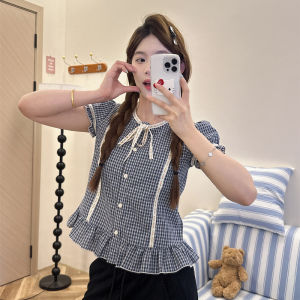 Áo Sơ Mi Nữ Tay Ngắn Màu Xanh Lam Mùa Hè Thiết Kế Mới Ngọt Ngào Ôm Vừa Vặn Áo Ngắn Kẻ Sọc Áo Sơ Mi Nữ