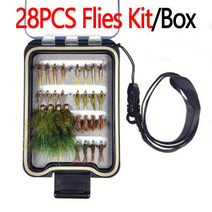 28pcs Flies Kit W/ Waterproof Box Adams Dry Fly Hares Ear Nymph Elk Hair Caddis Fly Woolly Bugger Streamer Trout Fishing Lures