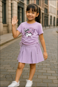 Setelan Kaos Serut Crop Top dan Rok Celana Rempel Salur Perempuan Kuromi Umur 1-14 tahun Part 1