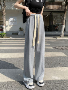 Gray Wide Leg Pants Womens Summer Thin Straight Casual Floor-Length Trousers High Waist Draping Cotton Blend Korean Style