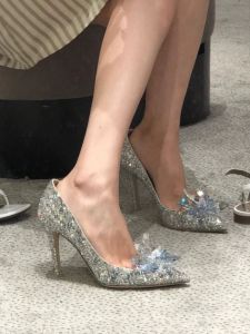 Cinderella Crystal Slip-On High Heels Womens Spring 2025 Pointed Toe Thin Heel Bride Wedding Shoes Fashionable Rubber Sole