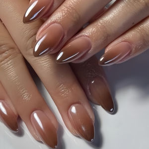Medium fake nails for women girls gradient coffee color glossy Square almond nail tips full cover press on acrylic false nail