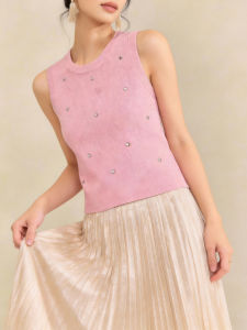 QINGNAER | Elegant and Luxurious Plus Size Pink Star Bead Sleeveless Knit Vest