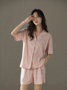 me home wear | Summer Lightweight Cotton Short Sleeve Cardigan Pink Stylish Pajamas Set