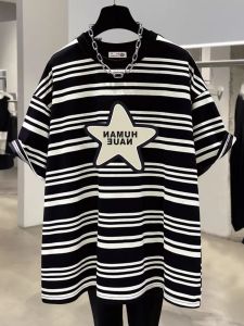 Extra Large Size 150.00kg European Goods Stripes Shoulder Short Sleeve T-Shirt Womens Summer Loose Slimming Sense of Design Niche Style Top Clothes